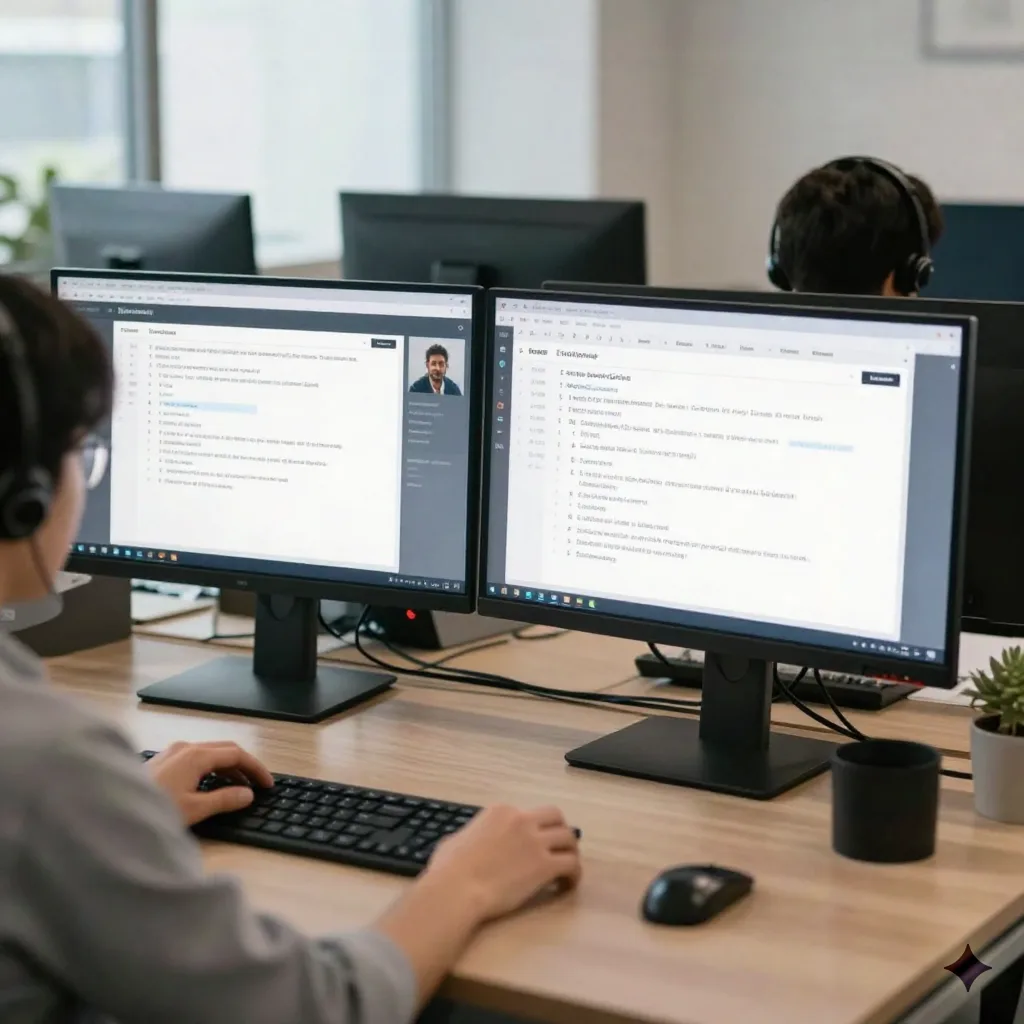 Customer support AI dashboard showing ticket resolution metrics in an open office