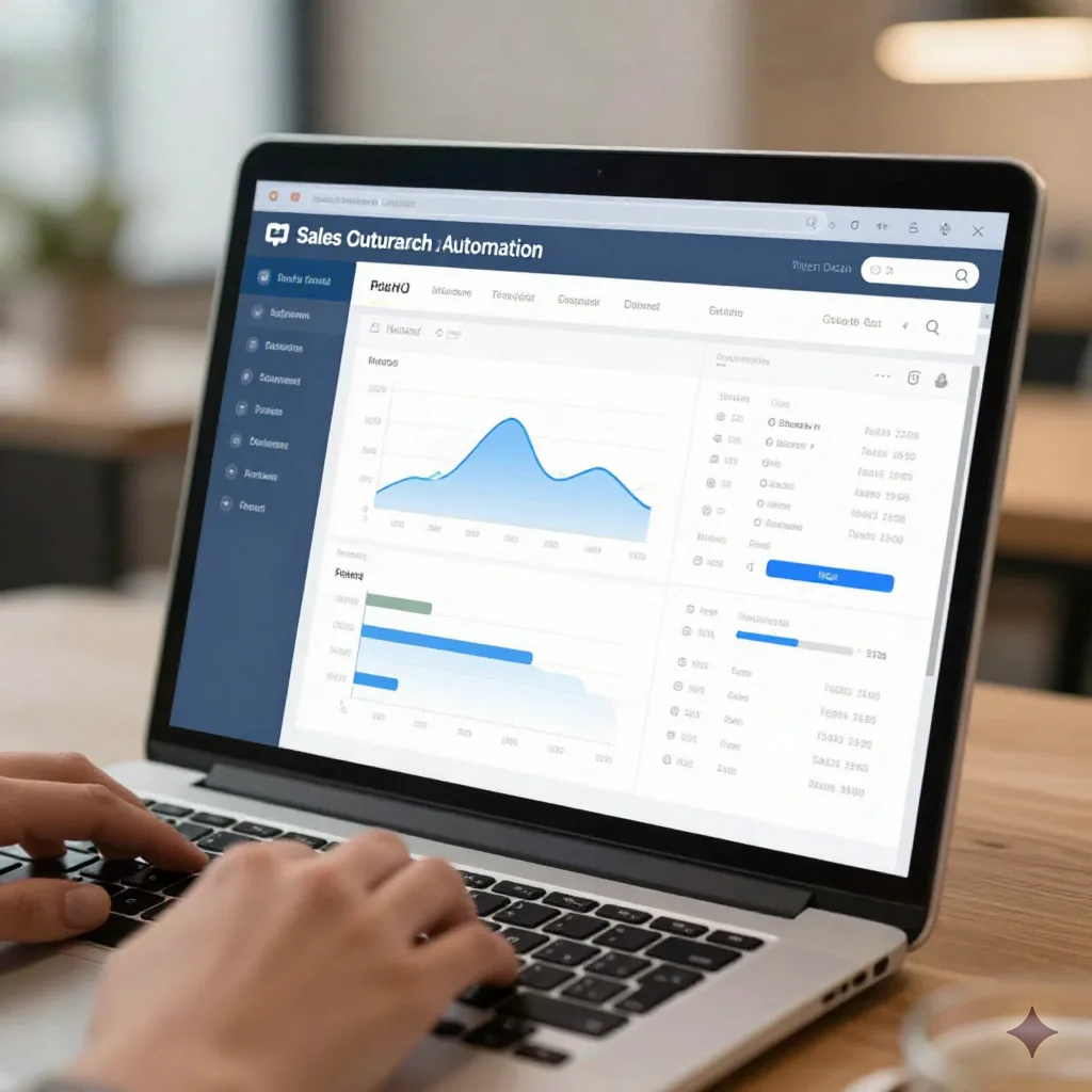 Sales AI agent automating outreach on a laptop in a modern office