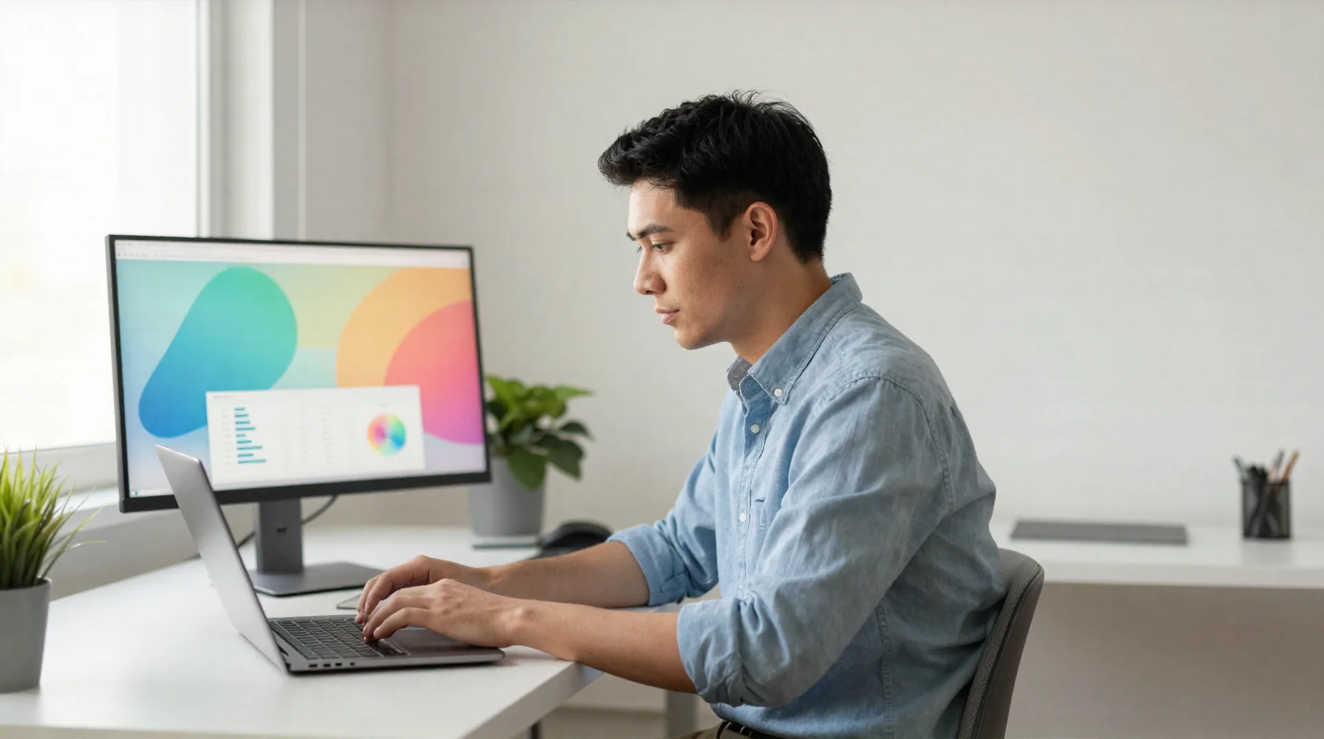 Solo GTM kurucusu, bir laptopda çalışıyor, ikinci monitörde renkli dashboard