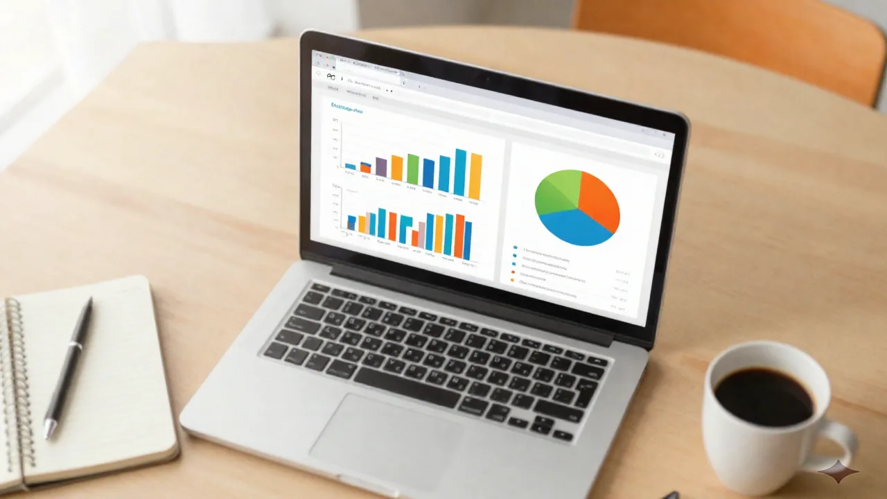 Laptop-Bildschirm, der einen bunten GTM Report mit Diagrammen neben einem Notizbuch und Kaffee auf einem Schreibtisch zeigt