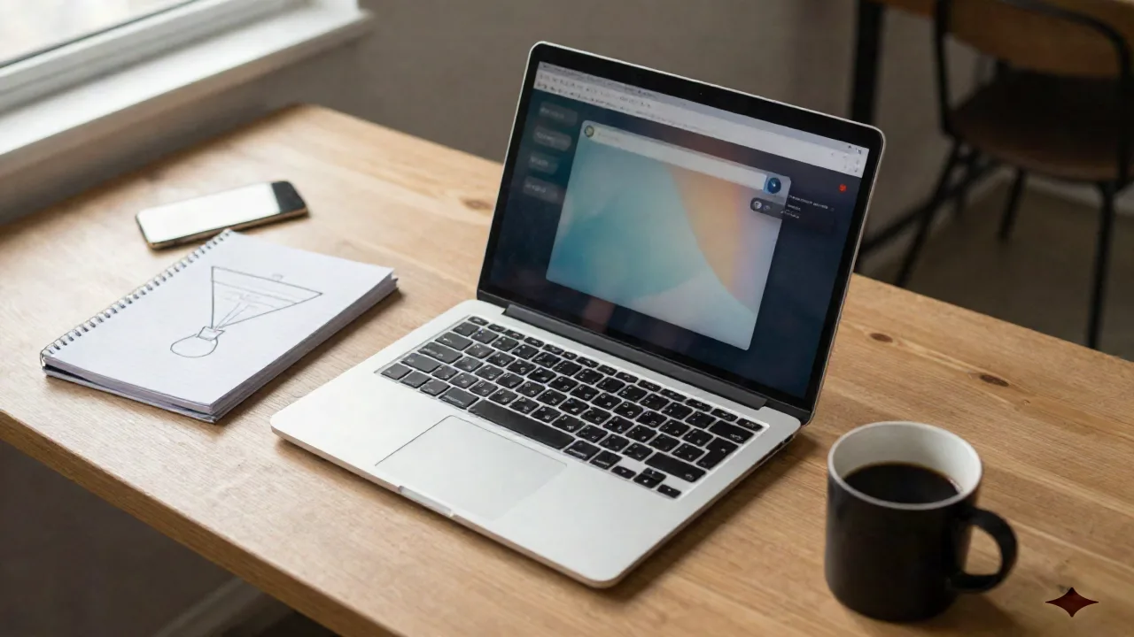 Founder desk with laptop and notebook, representing AI go-to-market planning