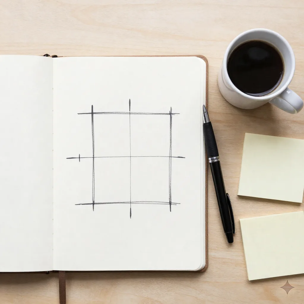 手書きされた 2x2 フレームワークスケッチとペンが置かれたノートのフラットレイ