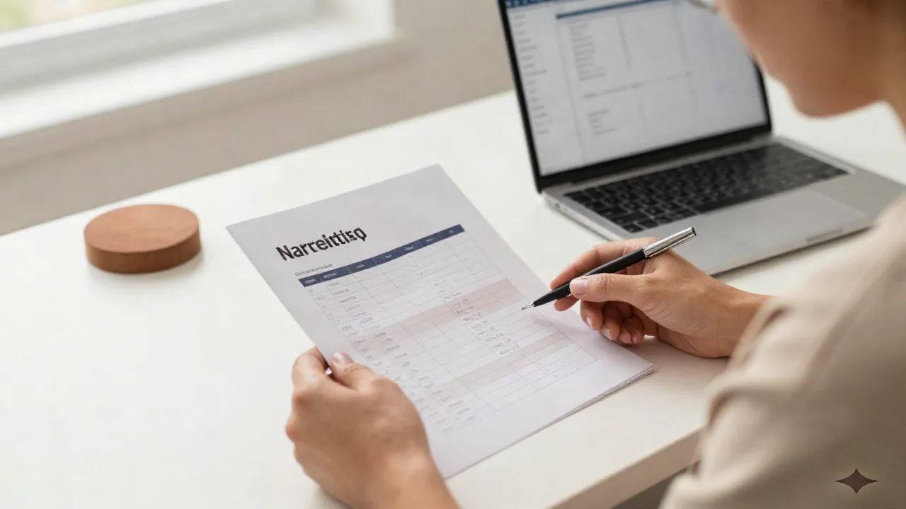 Ein Gründer prüft ein ausgedrucktes Kampagnenbriefing mit Kanal-Zeitplan und Budgetaufteilung am Schreibtisch