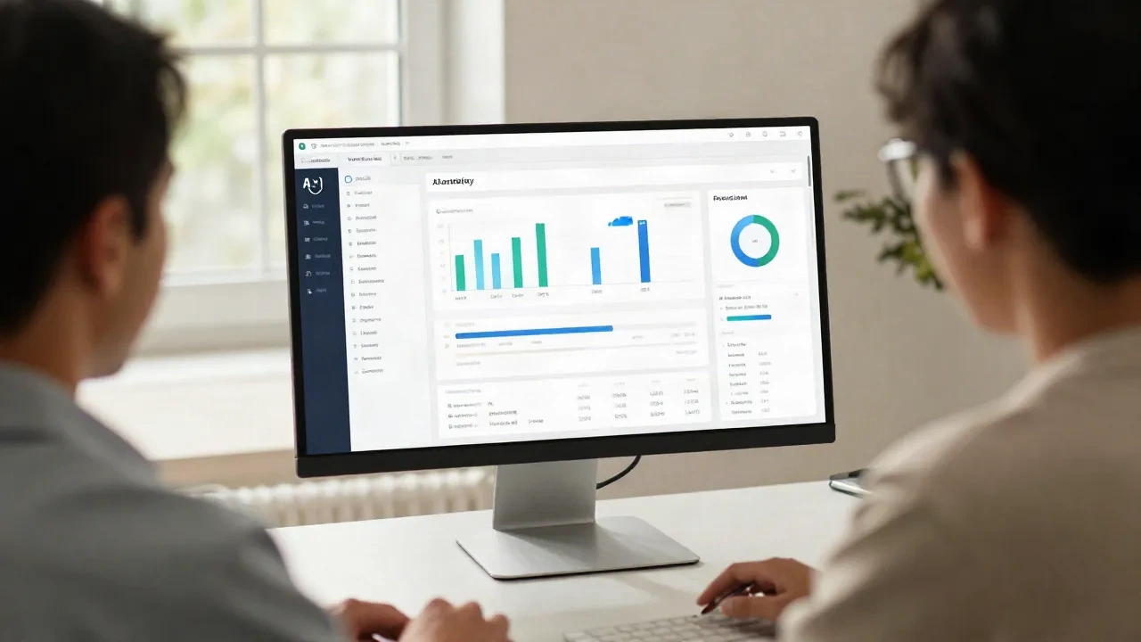 Founder reviewing AI marketing analytics dashboard, warm minimal office setting