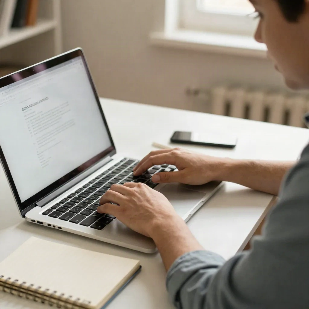 B2B startup founder working on personalized outreach at desk, warm home office light
