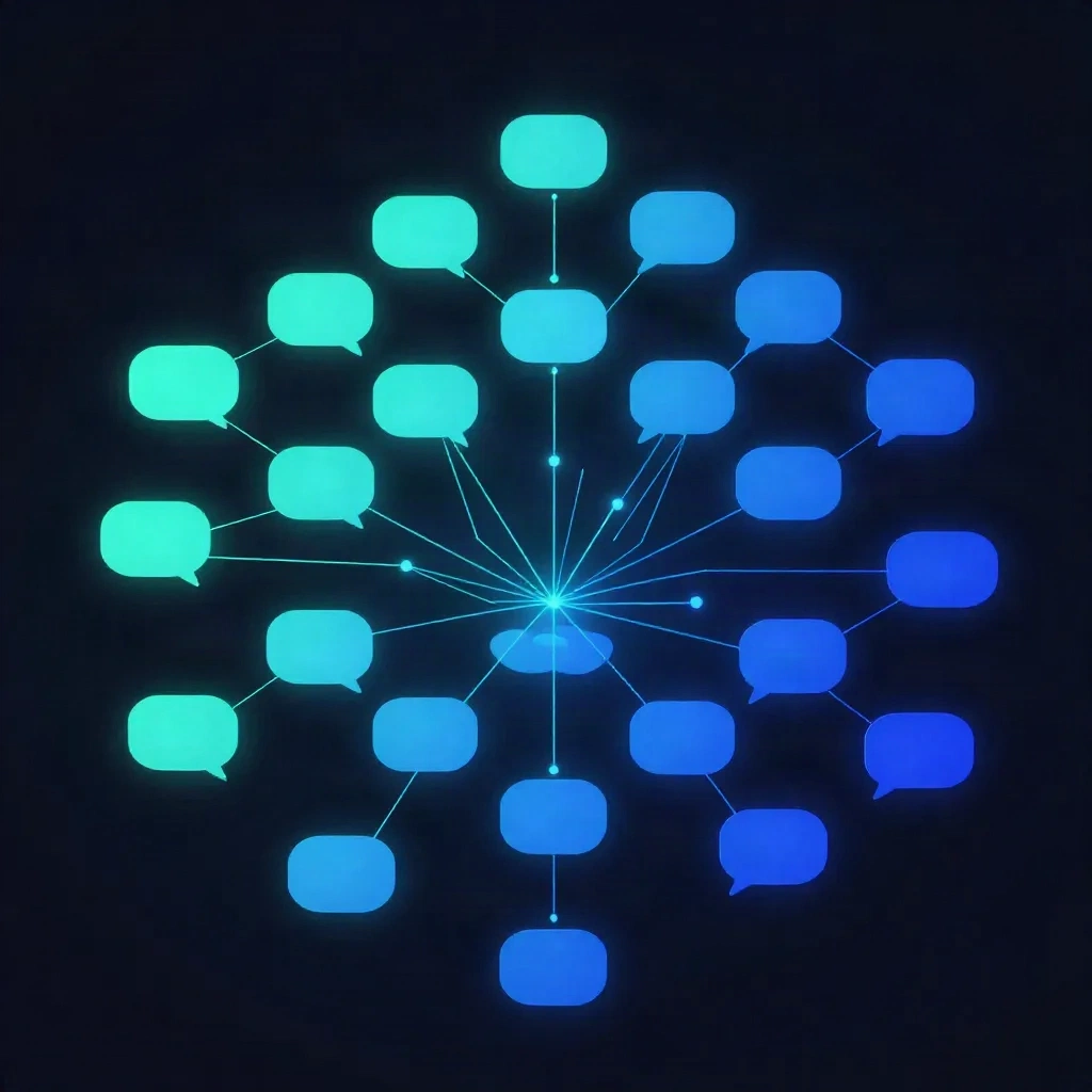 Interconnected social conversation nodes flowing into a central brand intelligence strategy board
