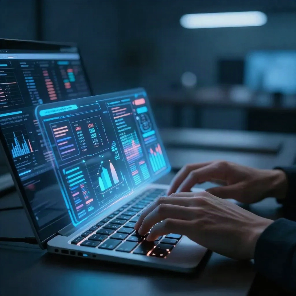 Professional hands analyzing competitive intelligence data and brand mention monitoring charts