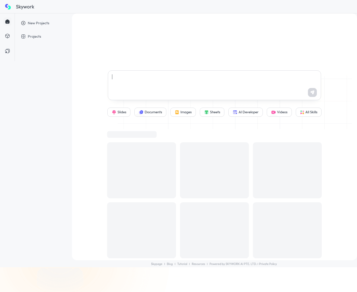 Workspace Skywork AI che mostra i shortcuts degli agenti Slides, Documents, Images, Sheets, AI Developer e Videos