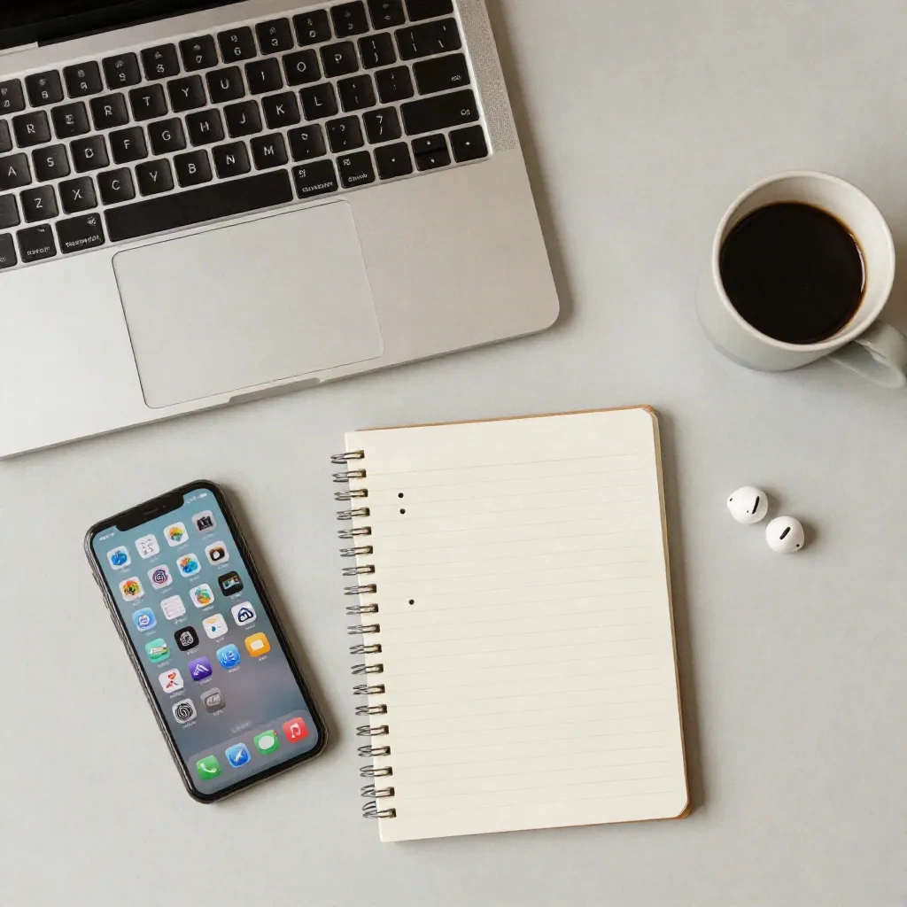 Minimal tech workspace flat-lay with laptop, notebook and tools for a modern GTM stack