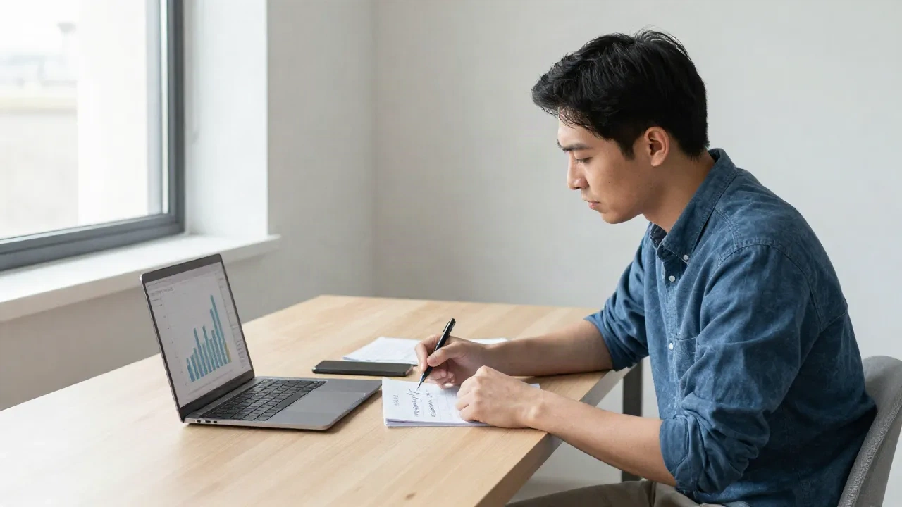 Gründer überprüft Notizen zur Marktforschung und ein Laptop-Diagramm, bevor er eine Forschungsmethode auswählt