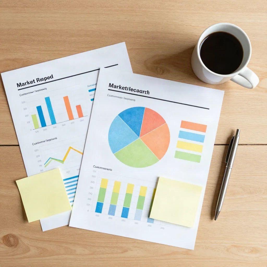 Market research documents and color-coded customer segment sticky notes on a desk