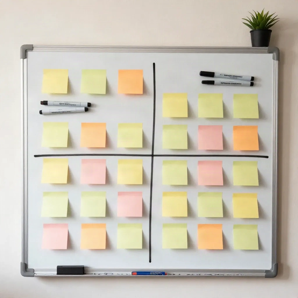 Sticky notes arranged in quadrants on a whiteboard for channel strategy planning