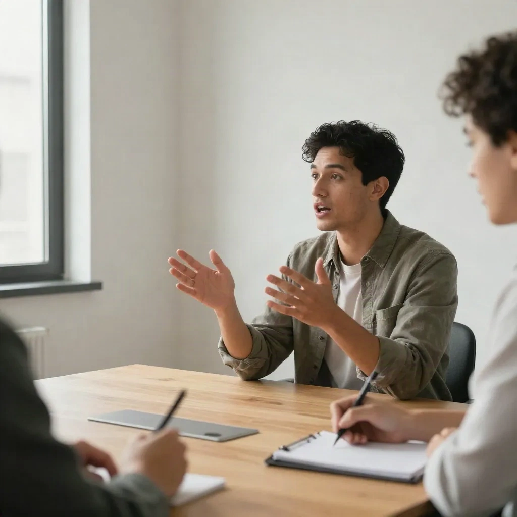 Two professionals in a structured customer discovery interview session