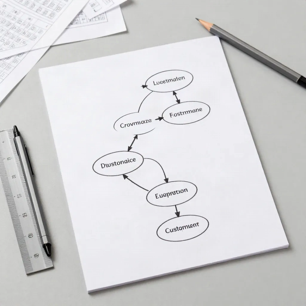 Customer journey funnel flowchart printed on paper with pencil and data sheets