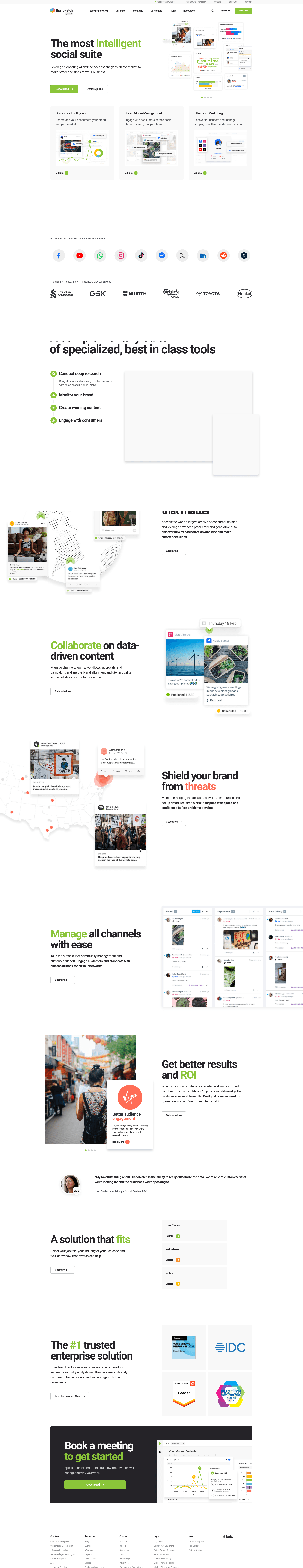 Brandwatch Startseite zeigt die Consumer Intelligence, Social Media Management und Influencer Marketing Produktsuite