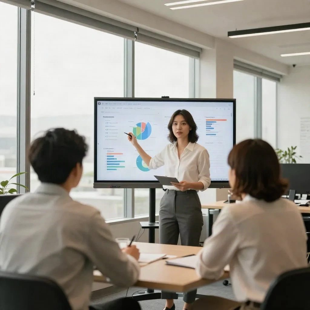 A team presenting competitive data analysis on a screen in a modern collaborative office