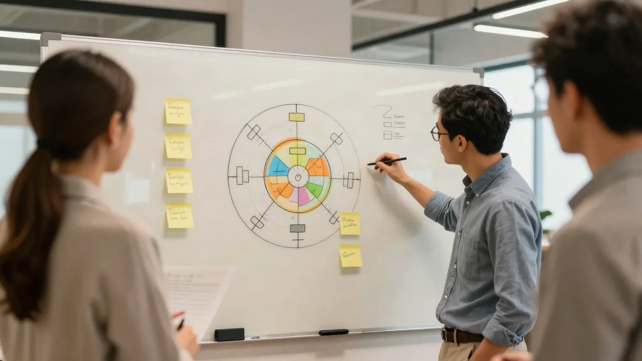 Founders team doing audience research on a whiteboard in a modern startup office
