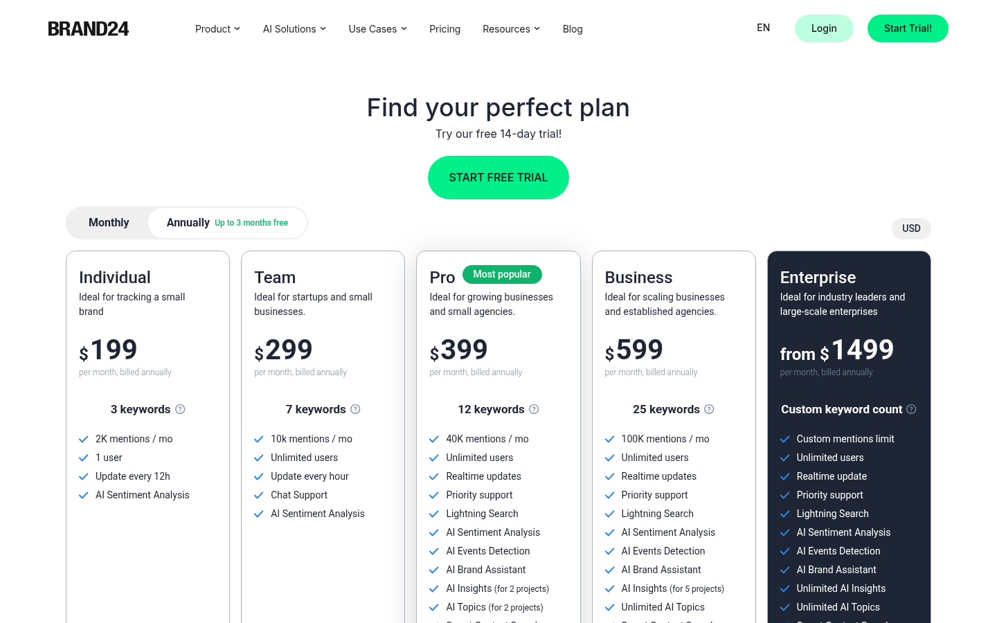 Brand24 pricing page showing Individual, Team, Pro, Business and Enterprise plans billed annually