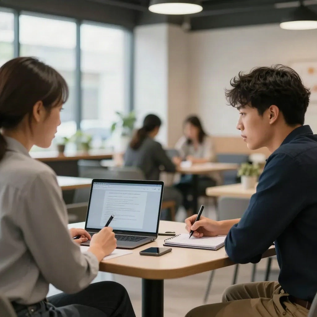 Customer discovery interview between two startup professionals at a modern co-working space