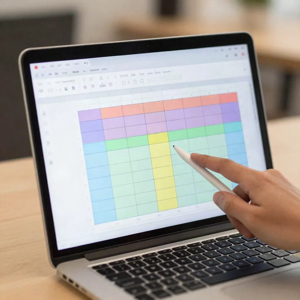 Close-up of a competitive matrix spreadsheet on a laptop screen with a stylus pointing at color-coded cells