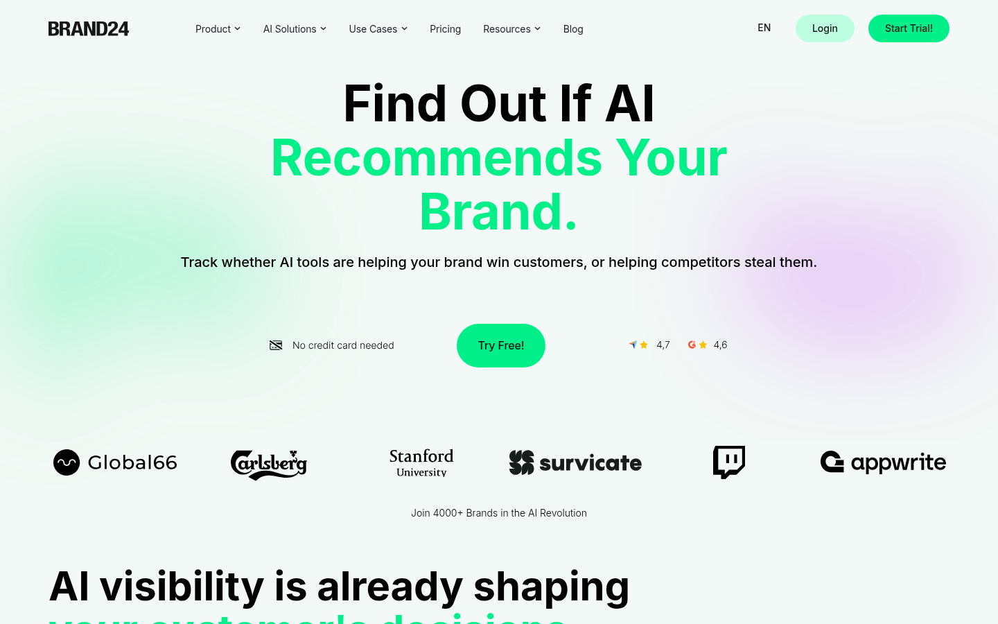 Brand24 AI Visibility product page tracking whether AI assistants recommend a brand