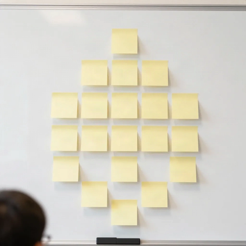 Sticky notes arranged as an inverted pyramid on a whiteboard