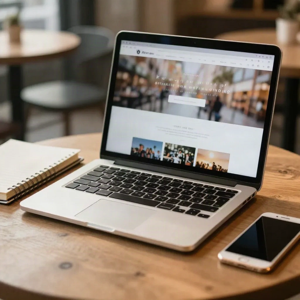 Laptop showing a blurred landing page next to a notebook, testing a positioning line on a homepage