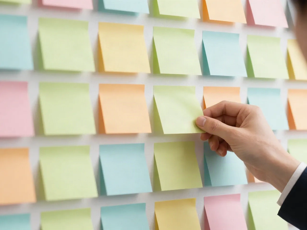Hand placing a blank sticky note on a wall grid of planned posts