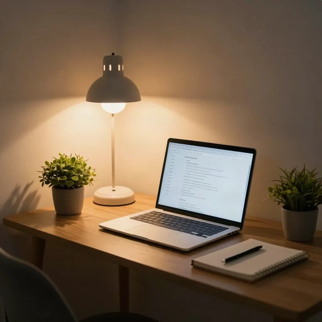 Quiet home office corner at dusk with laptop open, where a solo founder reviews customer threads