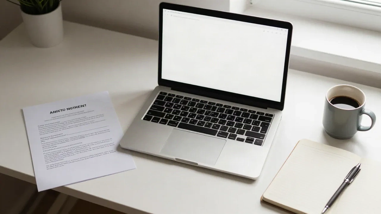 Schreibtisch mit Laptop, ausgedrucktem Ankündigungsblatt, Notizbuch und Kaffee