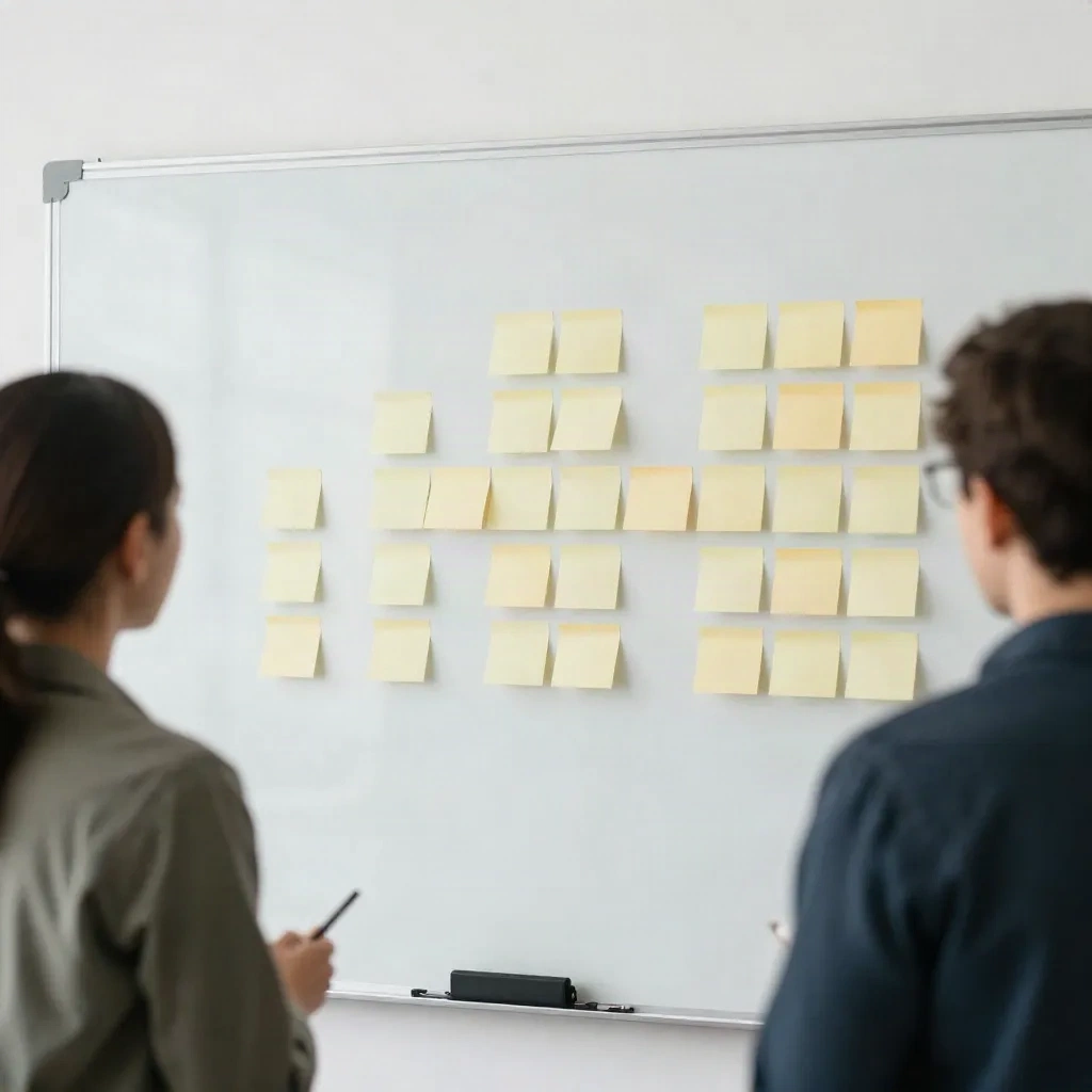 Two teammates sorting sticky notes on a whiteboard wall during a positioning workshop