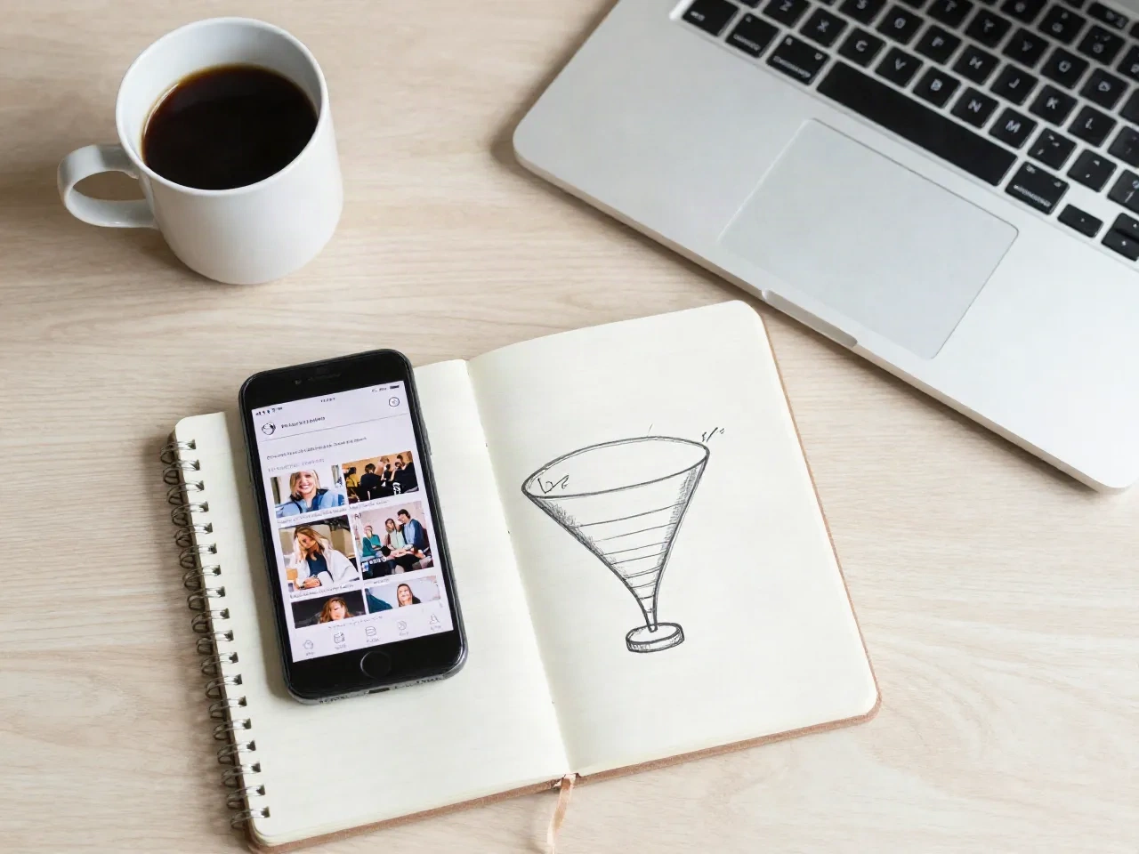 Desk with a phone, a hand-drawn funnel sketch and a laptop