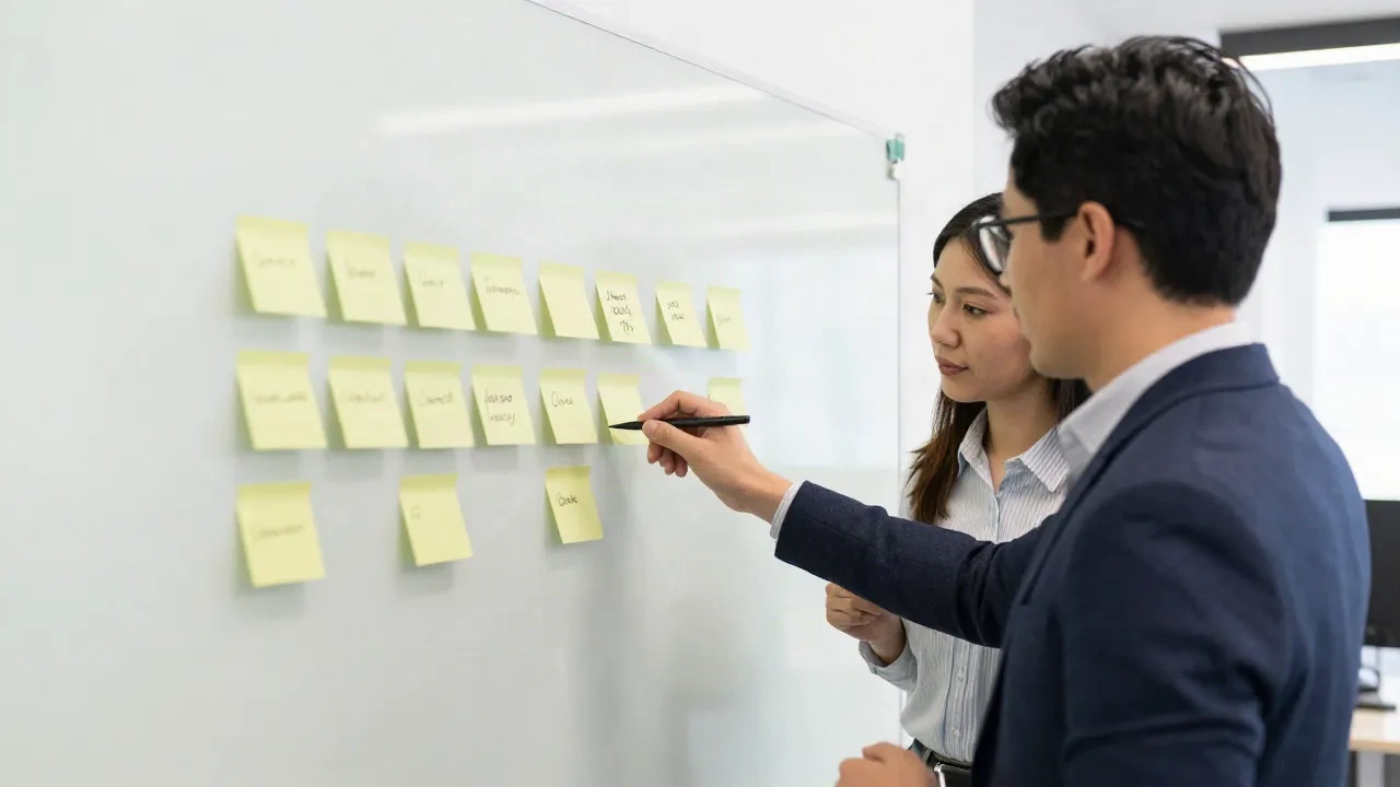 Two founders placing launch tasks on sticky notes across a whiteboard timeline