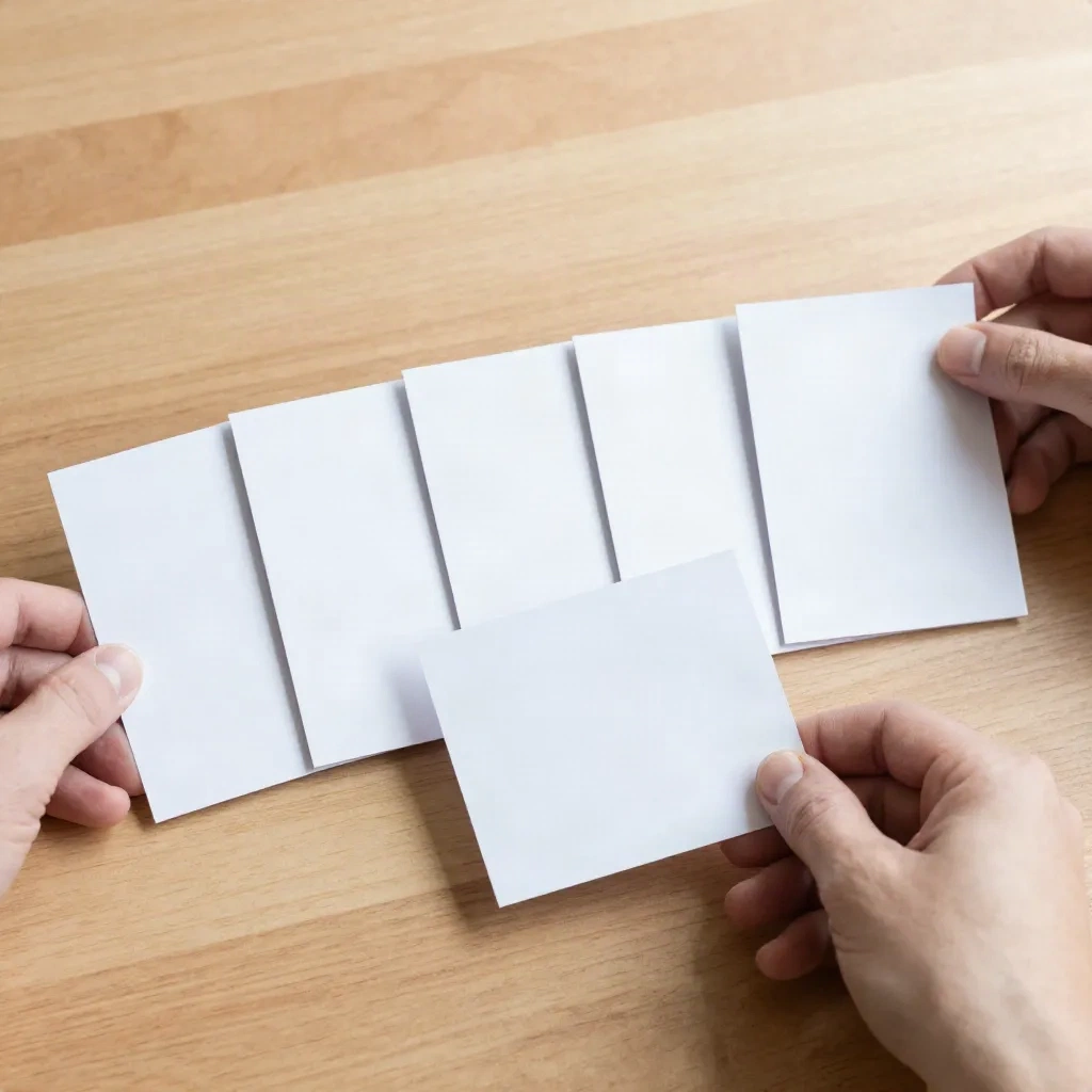 Hands arranging blank cards in sequence on a table, representing the order of positioning components
