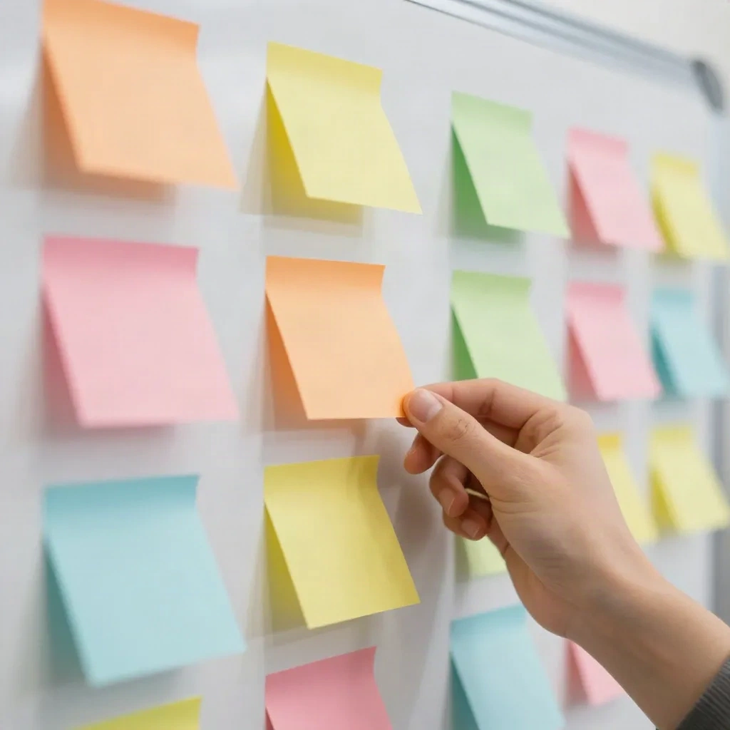 Wall of sticky notes grouped into clusters, representing Reddit pain points sorted by theme