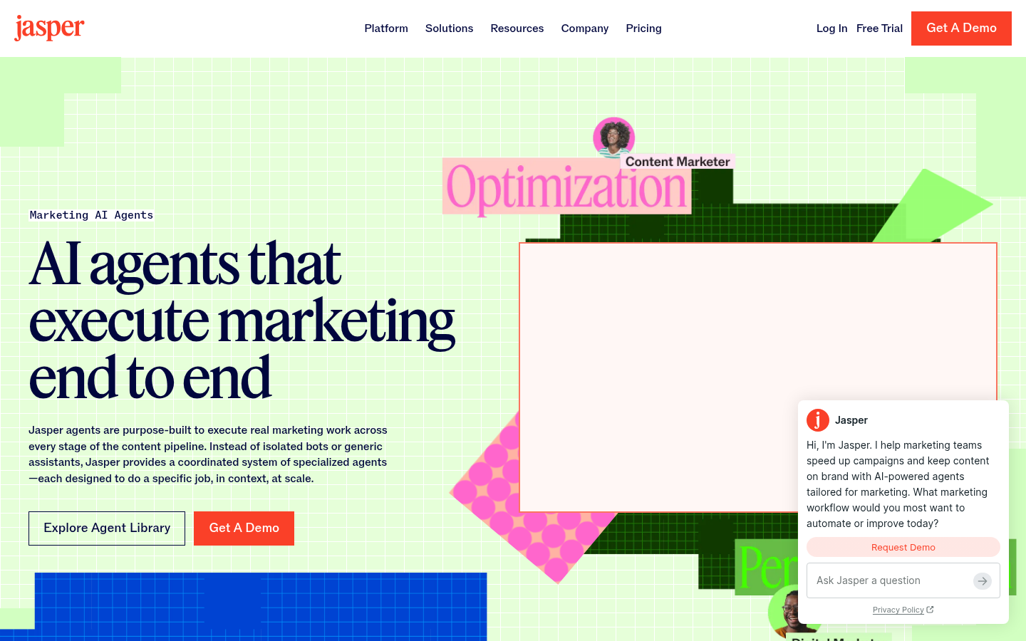 Page des agents marketing IA de Jasper avec le titre « AI agents that execute marketing end to end »