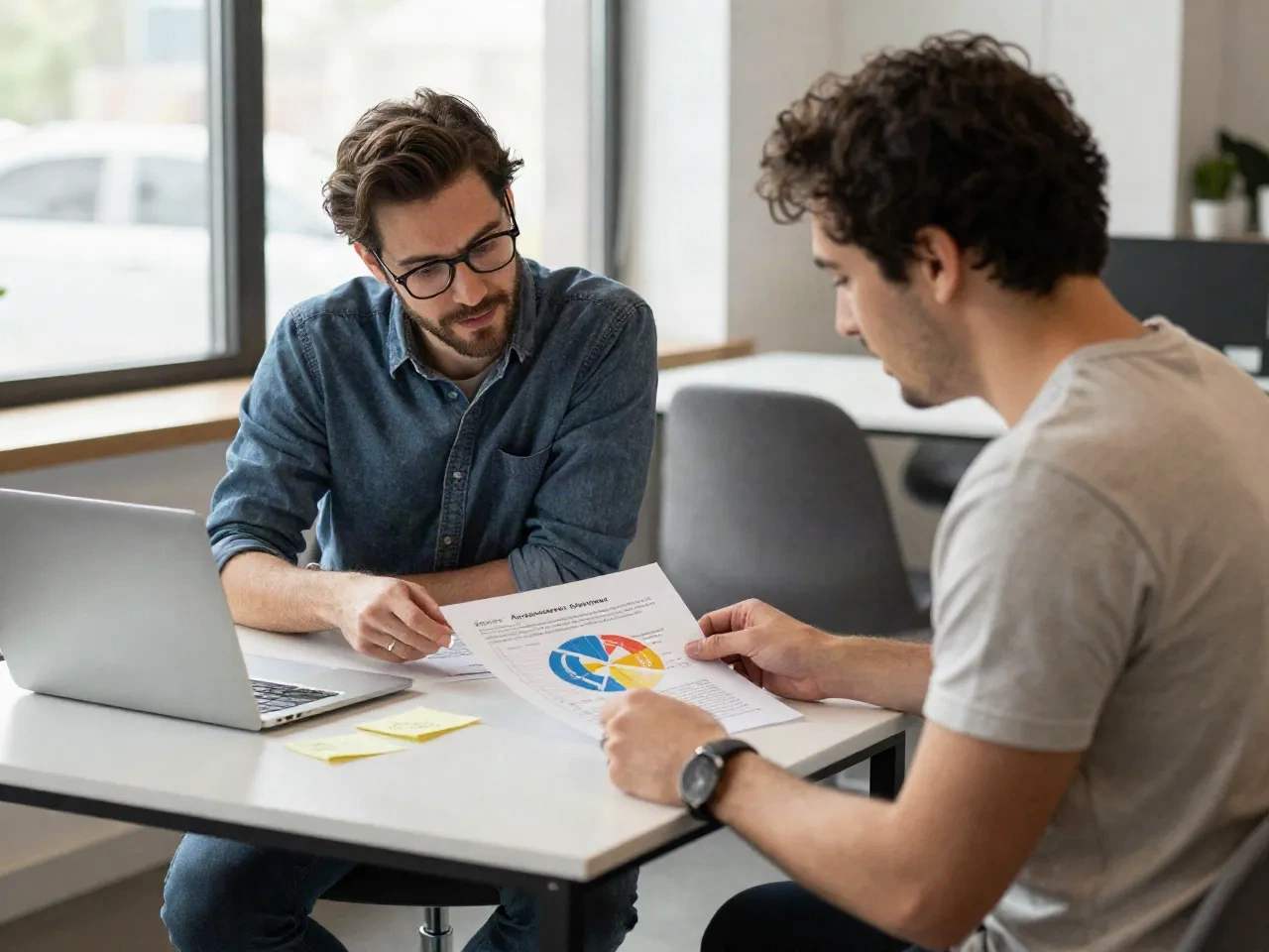 Two founders reviewing audience engagement charts on paper