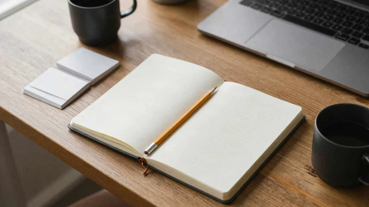Desk with index cards and a notebook laid out for drafting a positioning statement