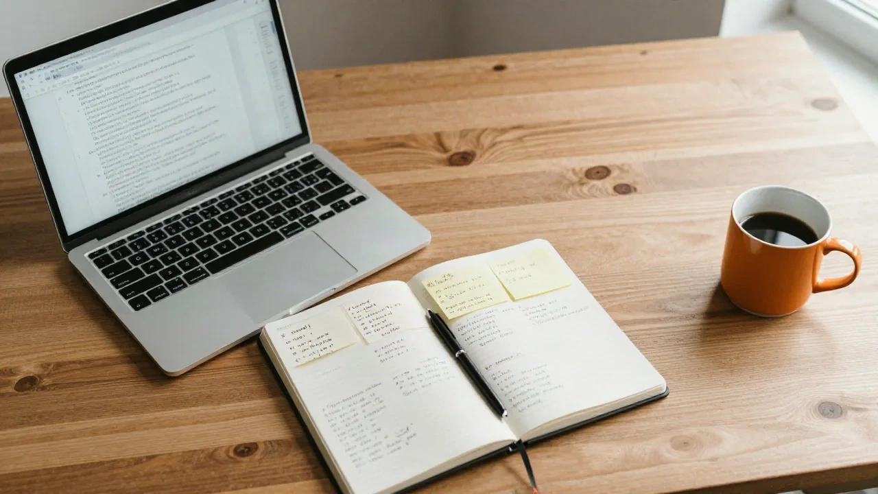Gründer-Schreibtisch mit Laptop, Notizbuch und geclusterten Klebezetteln für Reddit-Marktforschung