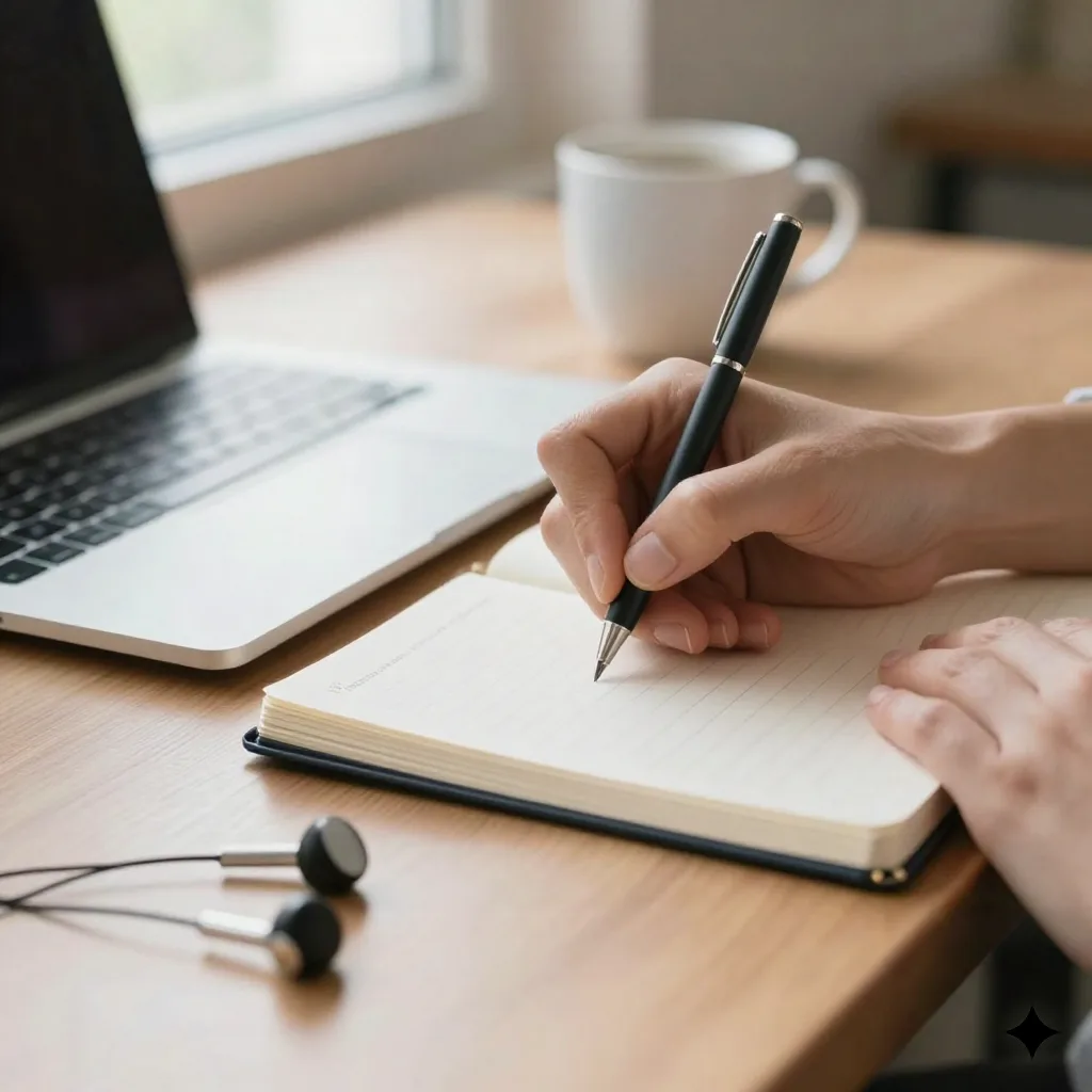 Hands writing summary notes in a notebook beside a laptop with earbuds on desk