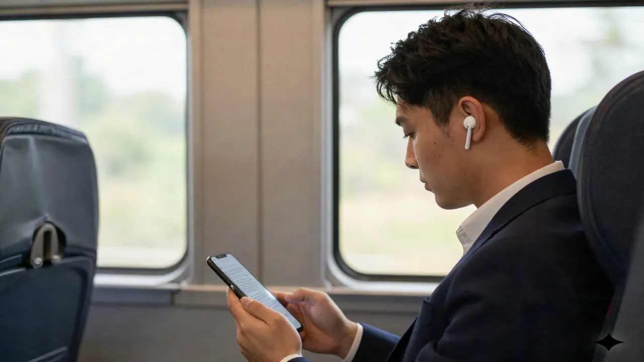 A commuter listening to article audio on earbuds during a train journey