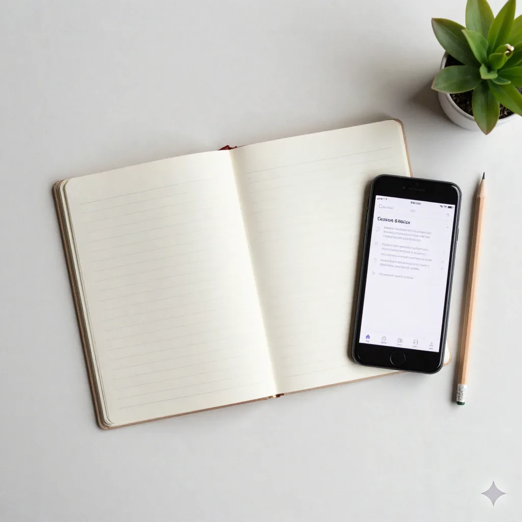 Flat-lay of notebook bullet points, reading app on smartphone, minimal desk setup