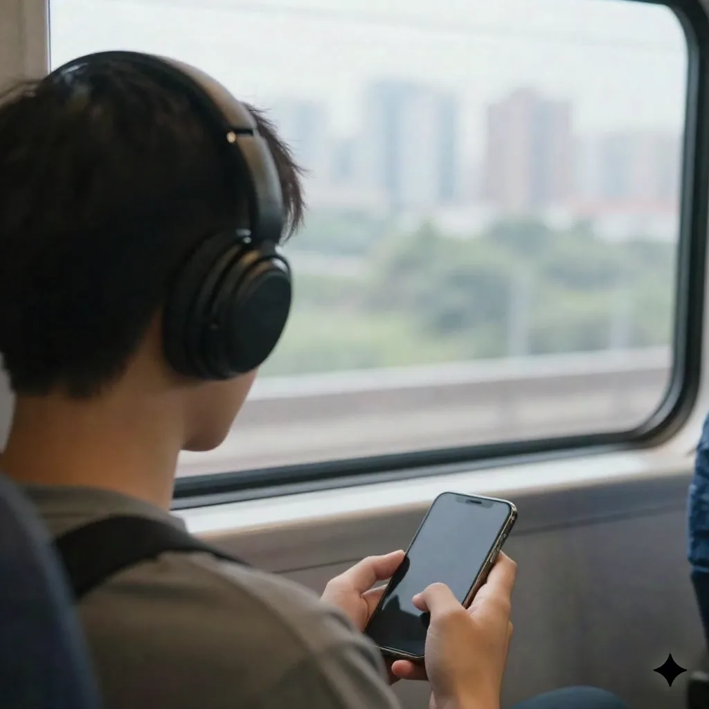 Commuter wearing headphones looking out a train window, phone in hand