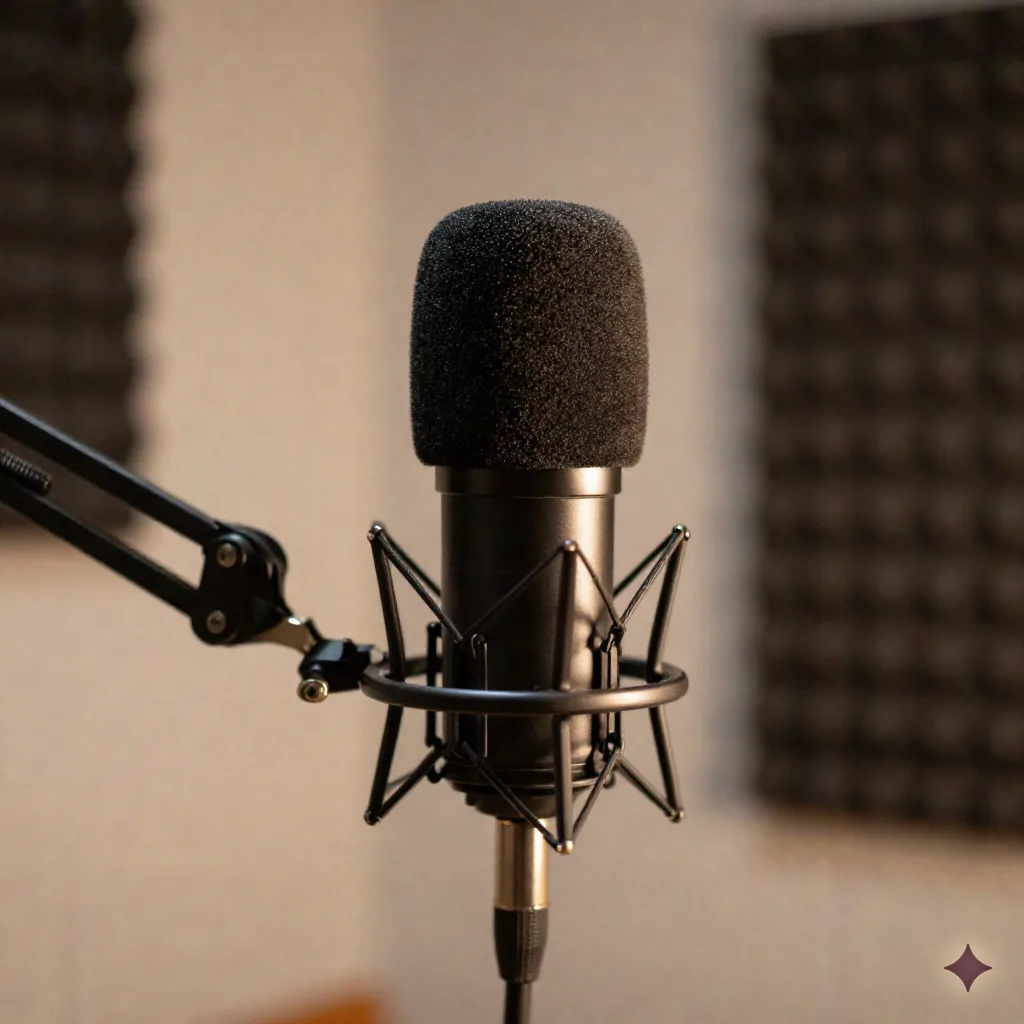 Close-up of a podcasting microphone with foam windscreen in a home studio