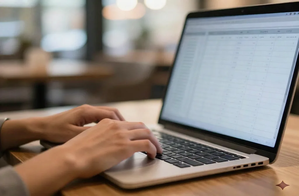 Close-up of hands typing on a laptop keyboard at a cafe table with a spreadsheet blurred in the background