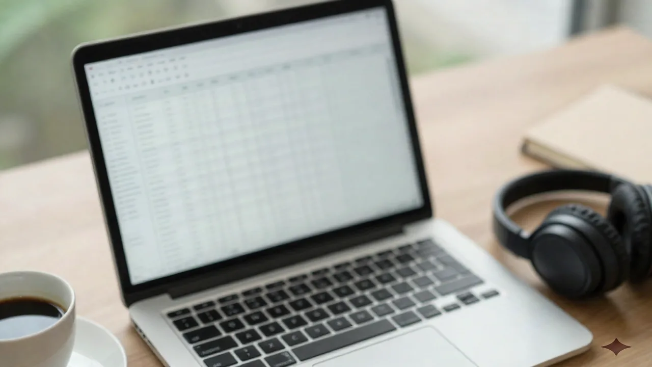 Overhead view of a laptop on a wooden desk with a blurred spreadsheet on screen, coffee, notebook, and headphones nearby