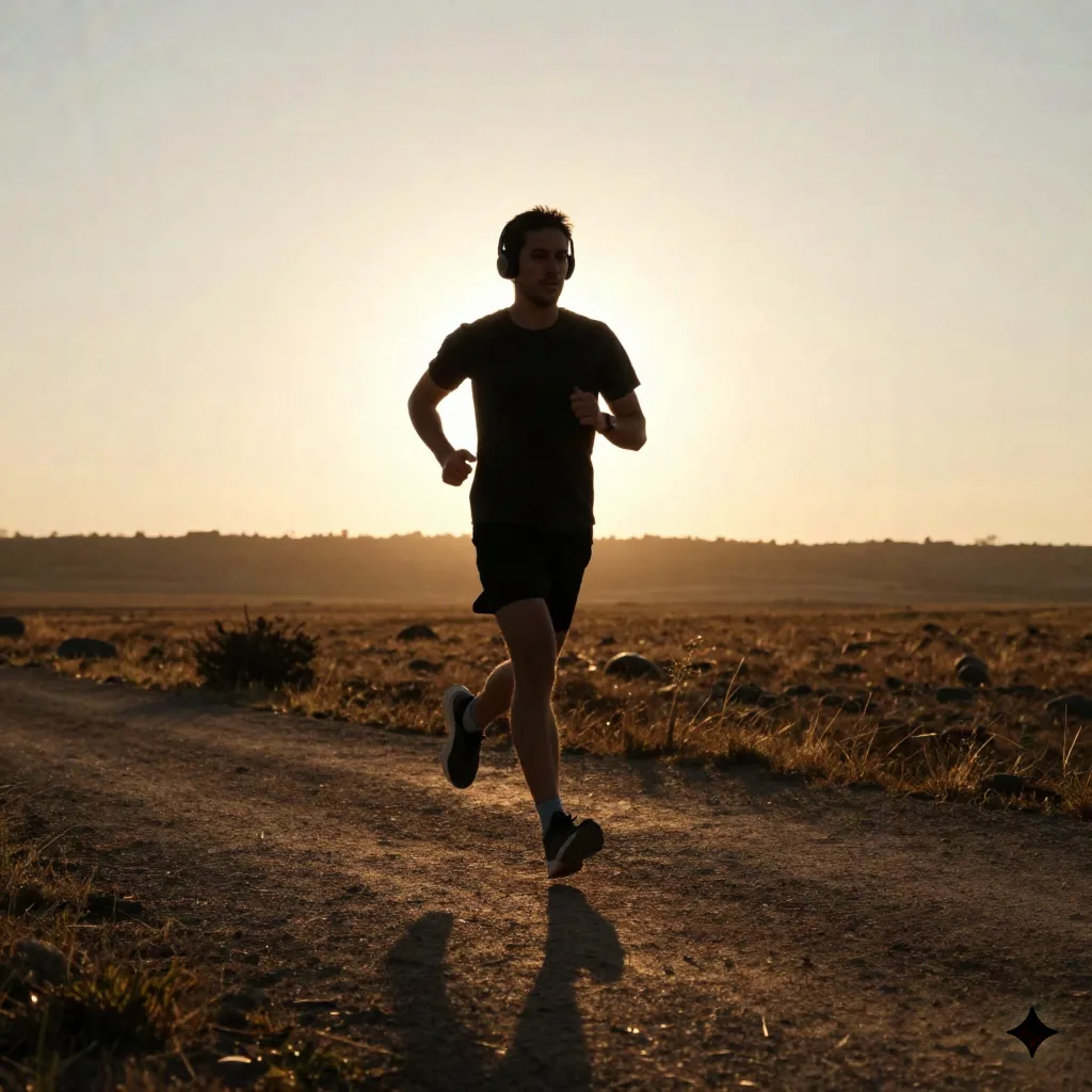 Silhouette of a runner wearing bone-conduction headphones at golden hour
