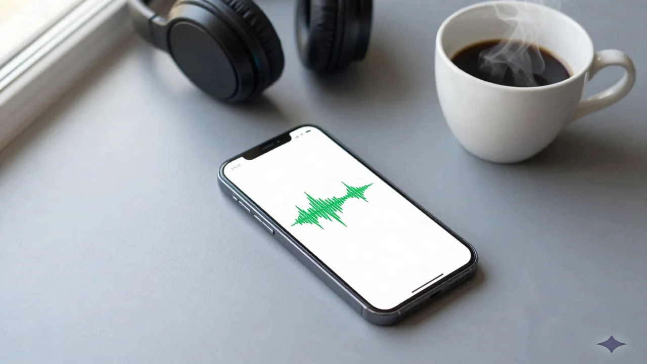 Smartphone che mostra una forma d'onda audio pulita accanto a cuffie e una tazza di caffè su una scrivania