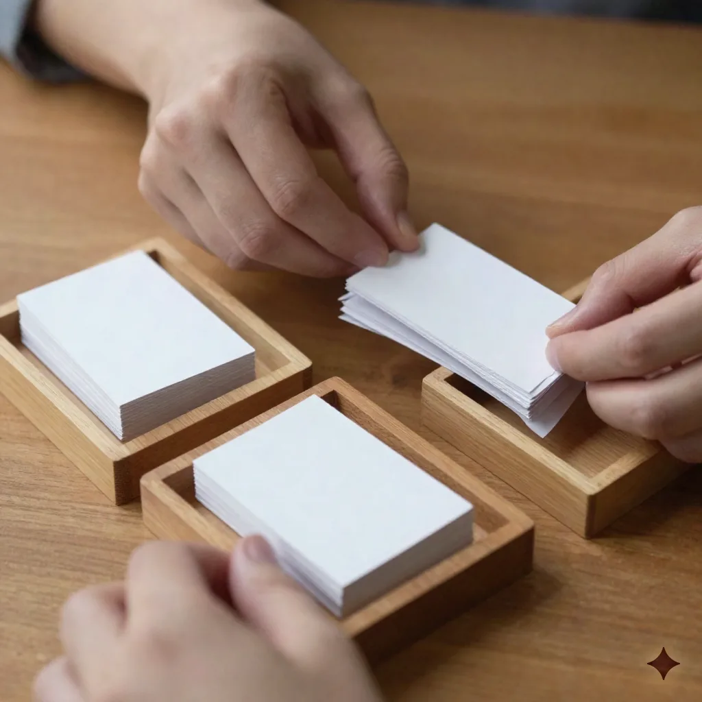 Close-up of hands sorting blank index cards into three small wooden trays