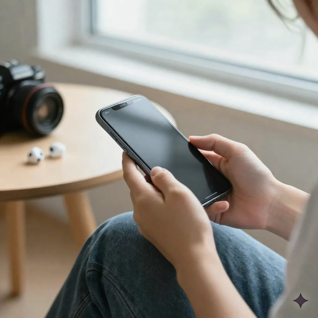 Hands holding a phone near a bright window, earbuds resting nearby